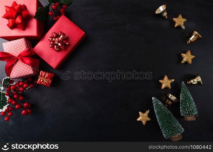 Merry Christmas, xmas present gift and decoration on black background