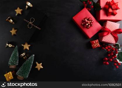 Merry Christmas, xmas present gift and decoration on black background