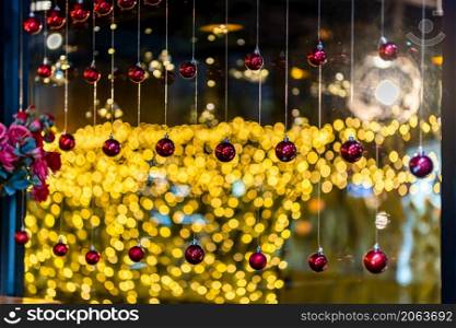 Merry x-mas,Close up of Colorful balls ,Christmas greeting picture parcel decoration on Yellow Colorful light Abstract circular bokeh background Decoration During Christmas and New Year.