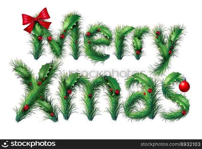Merry xmas and Christmas text as a winter seasonal holiday symbol with lettering made out of ornaments and season decoratrions isolated on a white background.
