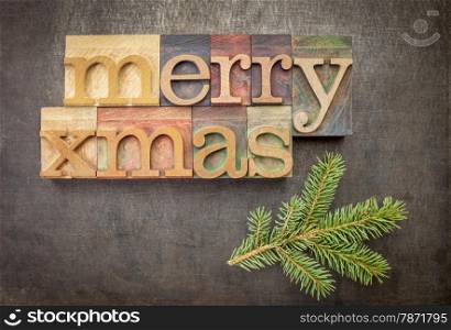 Merry Xmas (Christmas) greetings or wishes in vintage letterpress wood type over grunge metal background with spruce
