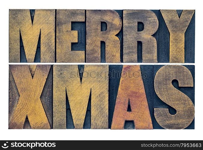 Merry Xmas (Christmas) greetings or wishes - isolated text in vintage grunge letterpress wood type blocks