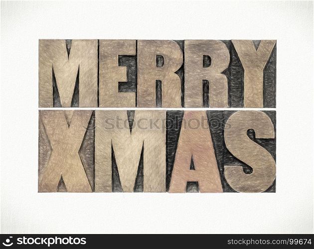 Merry Xmas (Christmas) greetings or wishes - word abstract in vintage letterpress wood type with a digital painting filter applied