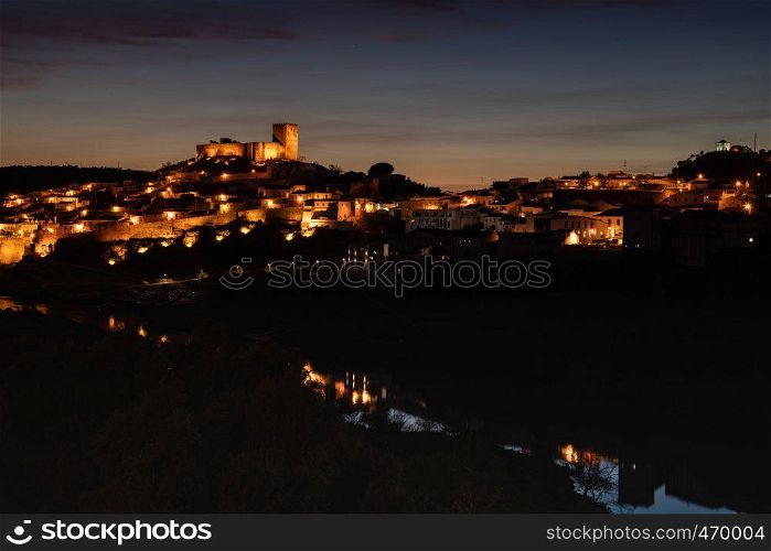 Mertola at night, village of Portugal and its castle. Village in the south of Portugal in the region of Alentejo.
