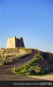 Mesa Roldan watchtower, Cabo de Gata Nijar Natural Park in Almeria province, Andalusia Spain. Tourist attraction.. Mesa Roldan tower, Cabo de Gata, Spain
