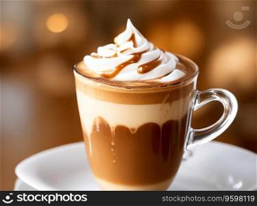Mesmerizing Caramel Mocha Latte Art in a Cozy Cafe. Generative AI.