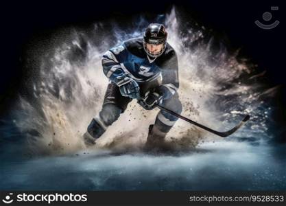 Mesmerizing ice hockey player in a cloud of exploding ice created with generative AI technology