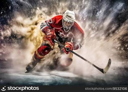 Mesmerizing ice hockey player in a cloud of exploding ice created with generative AI technology