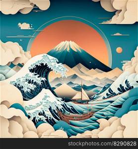 Mesmerizing Paper Cut Seascape with Waves and Clouds at Sunset. Mesmerizing Paper Cut Seascape with Waves and Clouds at Sunset AI Generated
