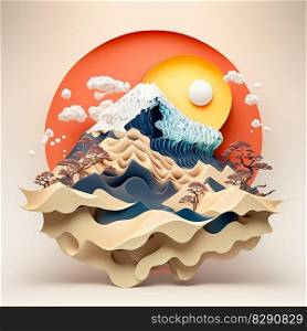 Mesmerizing Paper Cut Seascape with Waves and Clouds at Sunset. Mesmerizing Paper Cut Seascape with Waves and Clouds at Sunset AI Generated