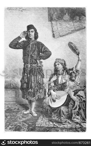 Mesopotamian Dancer and Musicians from Acre, Israel, vintage engraved illustration. Le Tour du Monde, Travel Journal, 1881