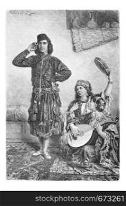Mesopotamian Dancer and Musicians from Acre, Israel, vintage engraved illustration. Le Tour du Monde, Travel Journal, 1881