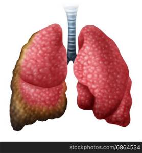 Mesothelioma cancer disease concept as human lungs with growing malignant cancer cells as a medical illness conceptual symbol for asbestos exposure in a 3D illustration style.