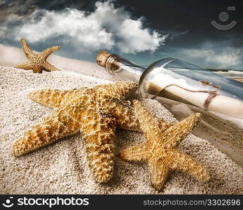 Message in a bottle buried in sand