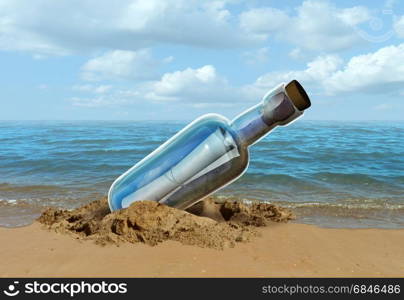 Message in a bottle concept as a note on a sealed glass container as a communication metaphor for sending a letter of help from a castaway on an island beach with 3D illustration elements.