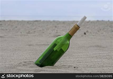 message in a green bottle on the beach