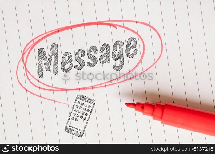 Message note in a red marked circle on linear paper
