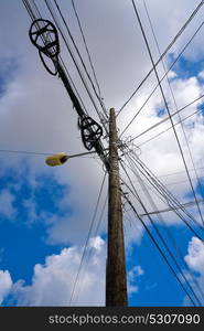 Messy electric aerial wires and pole in Mexico