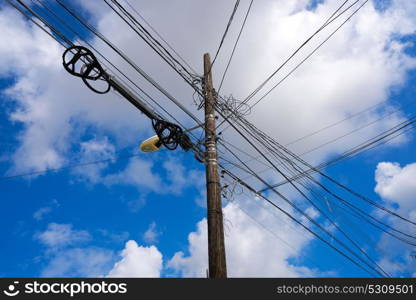 Messy electric aerial wires and pole in Mexico