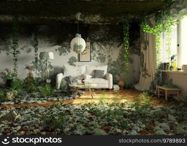 messy room of an abandoned house. 3d rendering concept.. messy room of an abandoned house