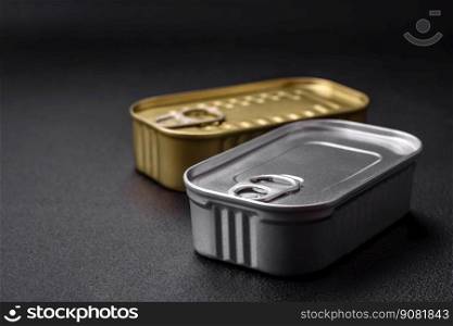 Metal aluminum can of canned sardines in oil with spices and salt on a dark concrete background