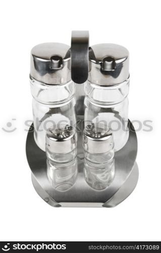 Metal and glass pepper, salt and sauce pots set isolated on white