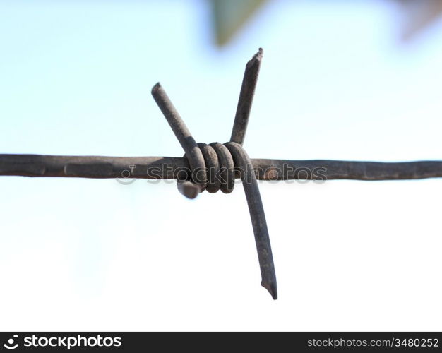 Metal barbed wire close up against the sky