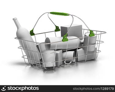 metal basket with white goods inside, 3d render, green plastic parts, white background. average basket over white background