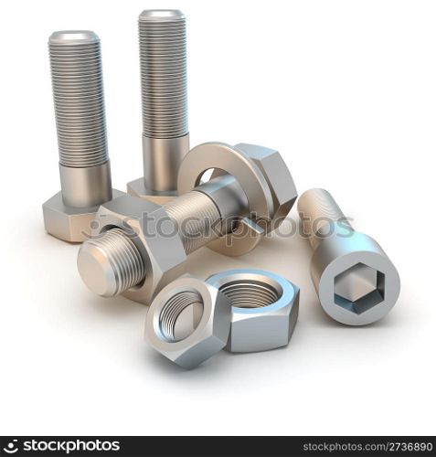 Metal bolts and screws isolated on the white background
