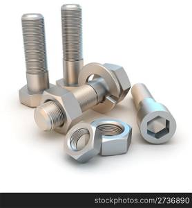 Metal bolts and screws isolated on the white background