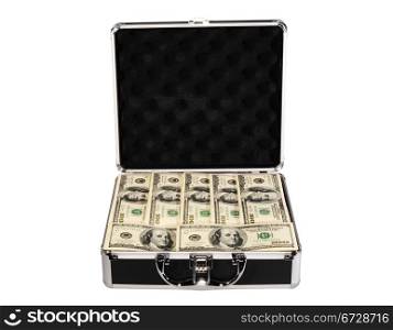 Metal Briefcase With One Hundred Dollar Bills On White Background