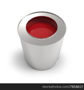 Metal bucket with red paint isolated on white background.