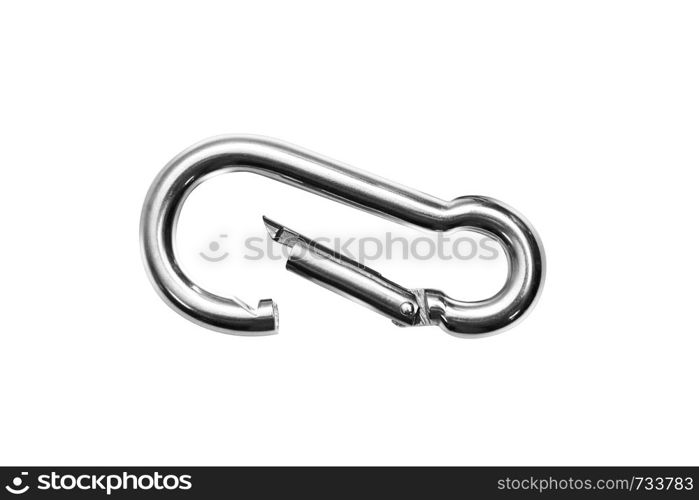 Metal carabiner, open position. Isolated on white background. With clipping path