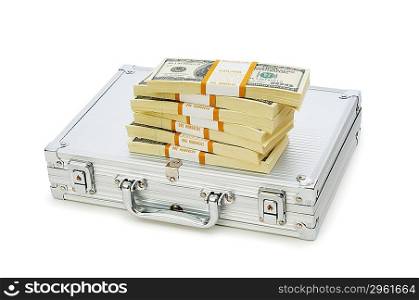 Metal case and lots of dollars on white