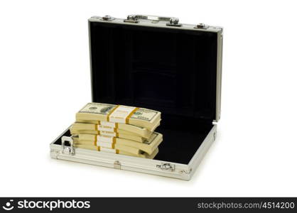 Metal case and lots of dollars on white