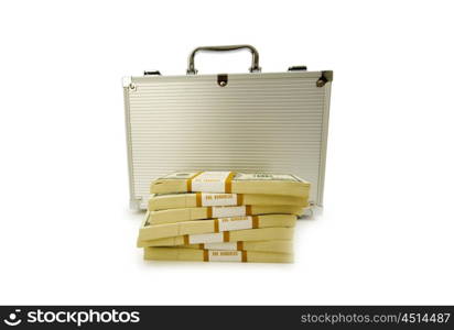 Metal case and lots of dollars on white