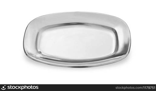 Metal chrome steel plate isolated on white background. Kitchen dishes for food, plate for kitchen, with clipping path
