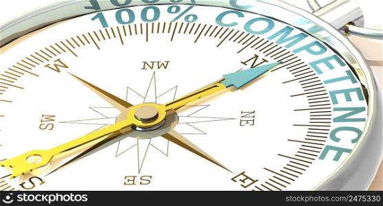 Metal compass with 100 percent competence word, 3D rendering