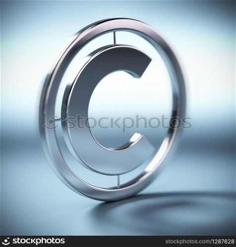 metal copyright symbol onto a blue background square image with blur. copyright symbol background