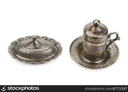 metal cup and sugar bowl isolated on white background