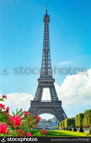 Metal Eiffel Tower and Champs de Mars in Paris, France. Spring in Paris