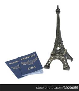 Metal Eiffel Tower model and a traveling passport - path included