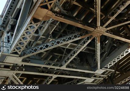 Metal framework of the under side of a bridge