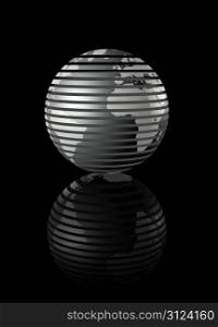 metal glossy earth globe on black background - three dimensional illustration. silver glossy globe on black background