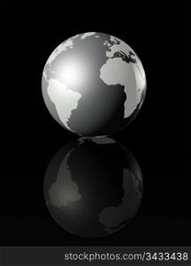 metal glossy earth globe on black background - three dimensional illustration. silver glossy globe on black background