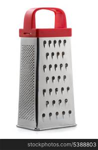 Metal grater with plastic red handle isolated on white