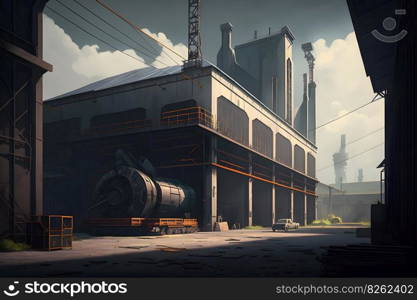 Metal manufacturing factory building with machinery in daytime. Neural network AI generated art. Metal manufacturing factory building with machinery in daytime. Neural network generated art