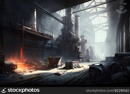 Metal manufacturing factory building with machinery in daytime. Neural network AI generated art. Metal manufacturing factory building with machinery in daytime. Neural network generated art