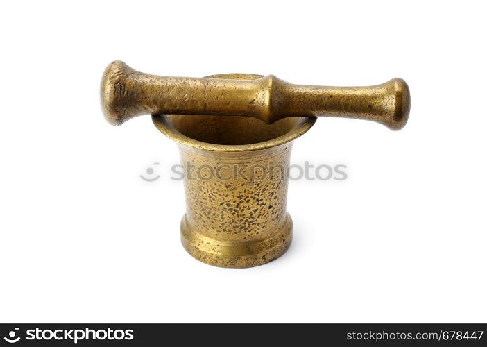 Metal mortar and pestle isolated on white background.