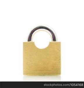 Metal padlock gold isolate on over white background